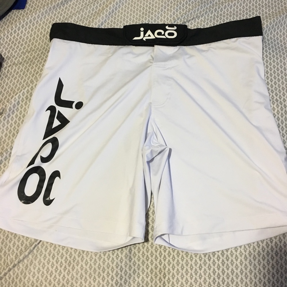 white MMA style shorts, Jaco clothing brand